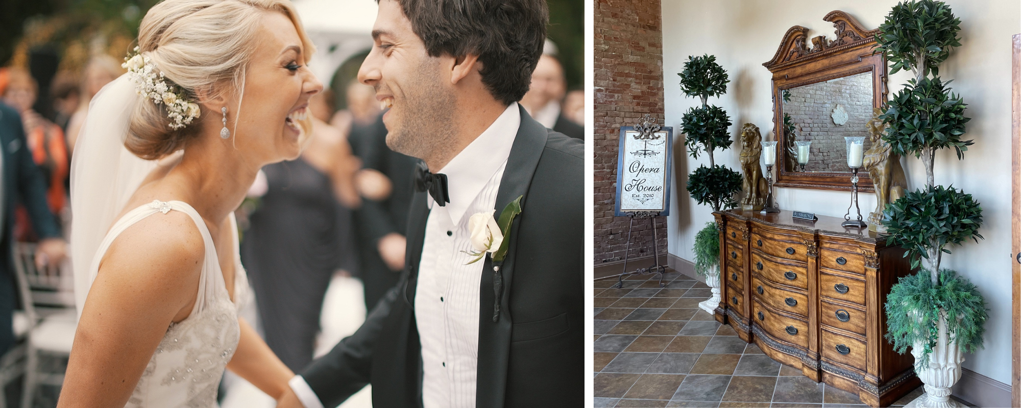 Bride and groom holding hands and smiling at each other and the Opera House entranceway 